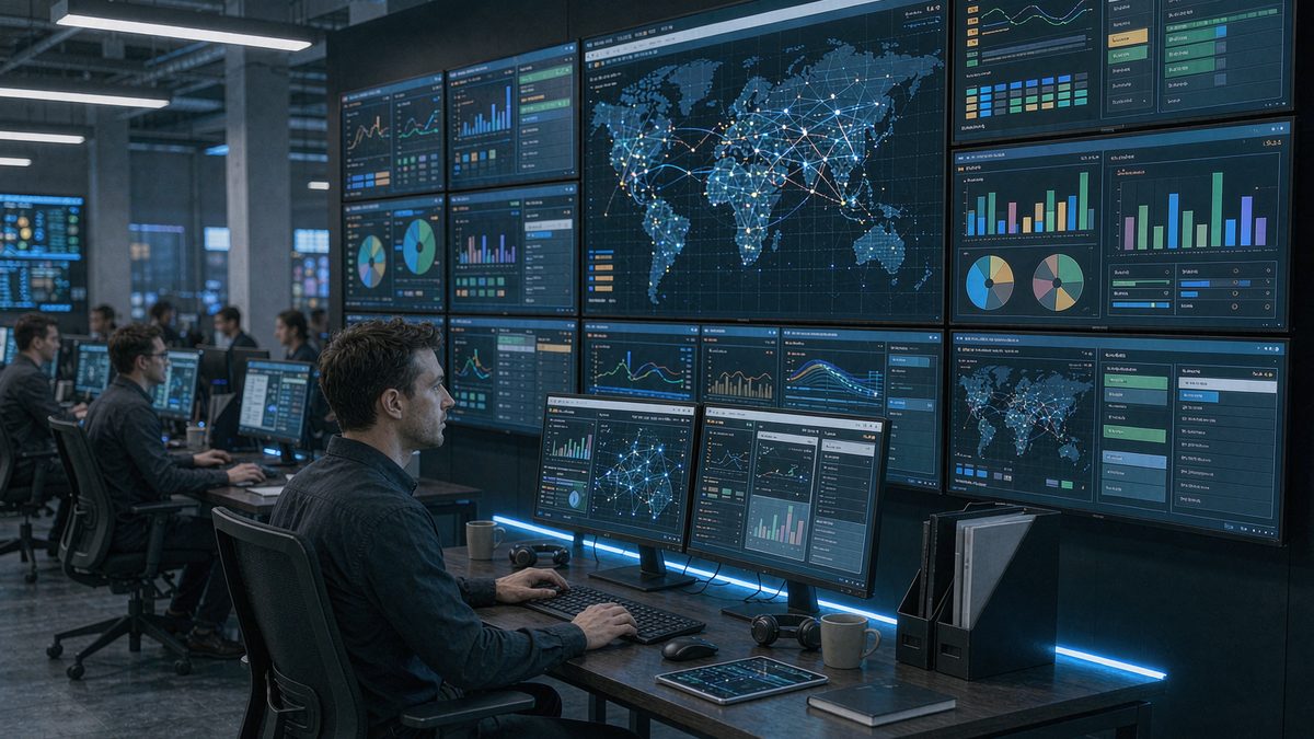 Telecoms consultant monitoring a wall of carrier network dashboards in an operations centre