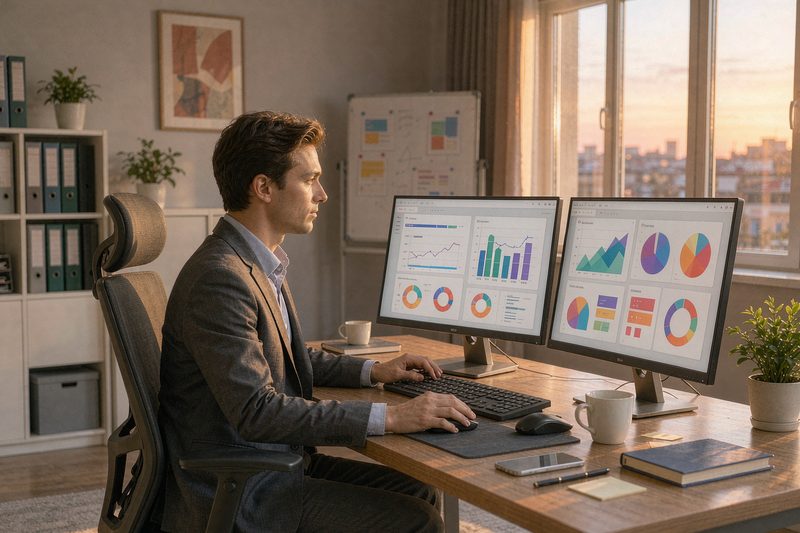 Home Analyst validating quarterly telecom spend on dual monitors