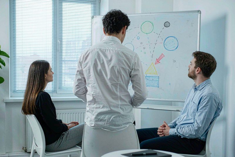 Home Consultant presenting a communications plan on a whiteboard