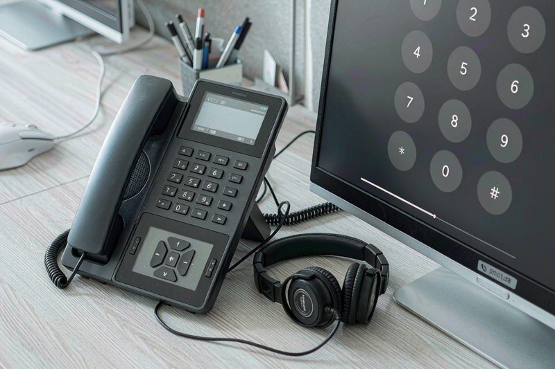 Home Modern IP desk phone and headset next to a laptop running a softphone